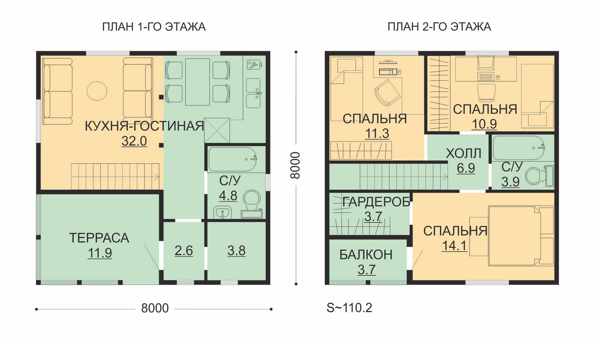 Проект ССК-111Т/1 — дом 8х8 110.2 кв.м. — более 100 кв.м. от ССК-ДОМ